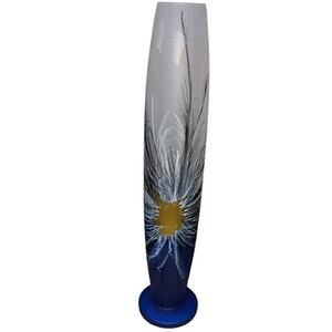 Vtg MCM Herner Glass Blue Painted Peacock Feather Vase Poland 15.5 In Tall